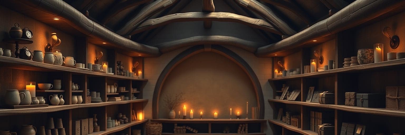 Estantería artesanal iluminada por velas